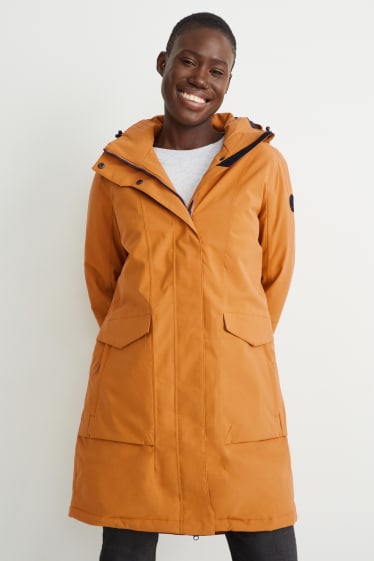 Dámské - Nepromokavá bunda s kapucí - karamelová barva