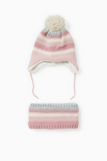 Bébés - Ensemble - bonnet et tour de cou pour bébé - 2 pièces - à rayures - rose