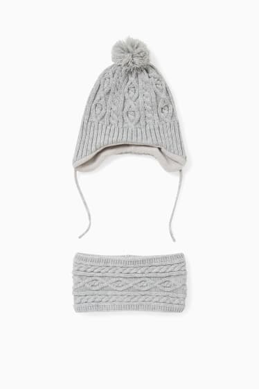 Babies - Set - baby hat and snood - 2 piece - cable knit pattern - gray-melange