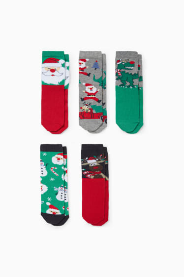 Enfants - Lot de 5 paires - Père Noël - chaussettes de Noël à motif - vert