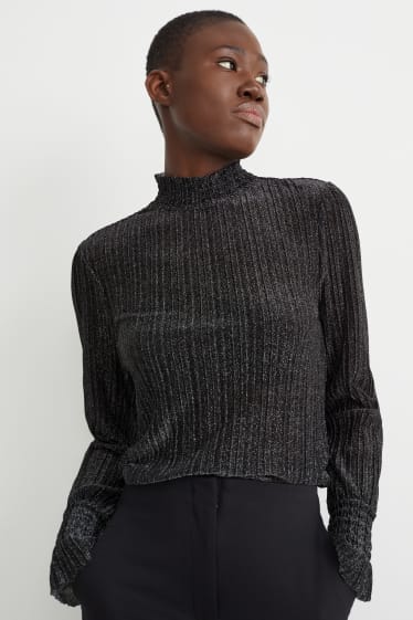 Women - Long sleeve top - shiny - pleated  - black