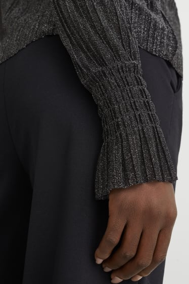 Damen - Langarmshirt - glänzend - plissiert - schwarz