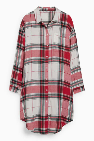 Dames - Flanellen bigshirt - geruit - wit / rood