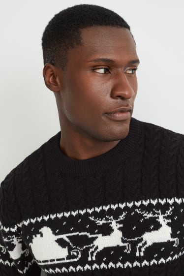 Uomo - Maglione natalizio - renna - motivo treccia - nero