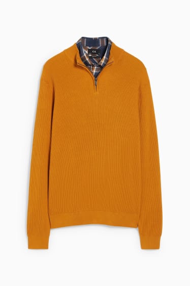 Mężczyźni - Sweter i koszula - regular fit - przypinany kołnierzyk - pomarańczowy / niebieski