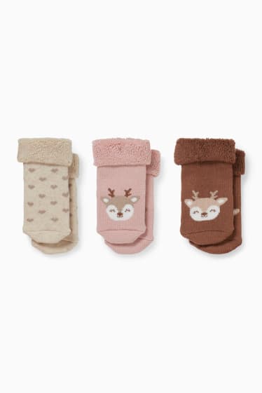 Babys - Set van 3 paar - ree – newbornsokken met motief - winter - bruin