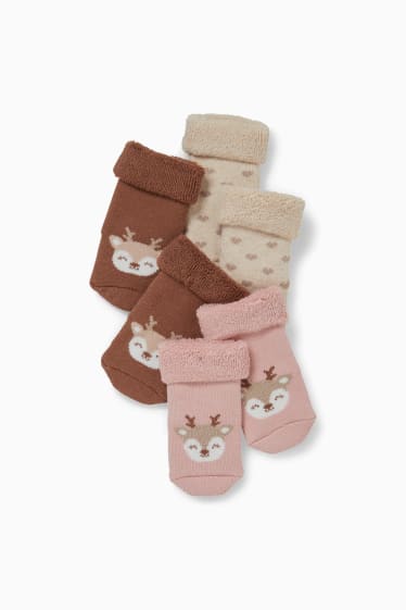 Babys - Set van 3 paar - ree – newbornsokken met motief - winter - bruin