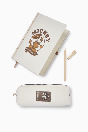 Herren - Micky Maus - Set - Notizbuch, Federmäppchen und Stift - beige