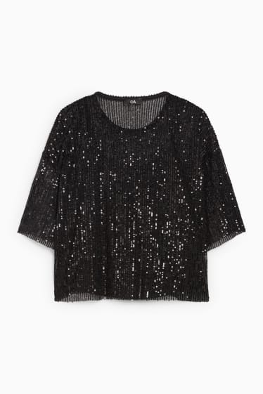 Damen - Pailletten-T-Shirt - glänzend - schwarz