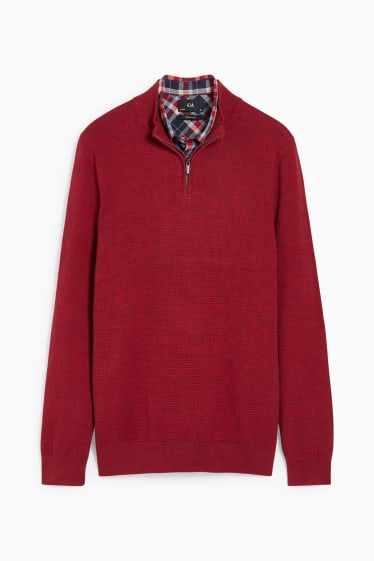 Men - Jumper and shirt - regular fit - button-down collar - bordeaux