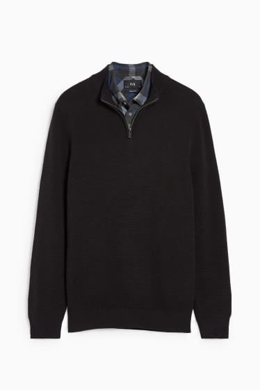 Herren - Pullover und Hemd - Regular Fit - Button-down - schwarz
