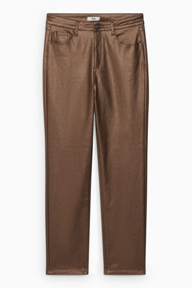 Femei - Pantaloni de stofă - talie înaltă - straight fit - aspect lucios - maro