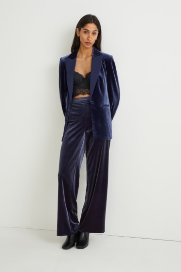 Women - Velvet trousers - high-rise waist - wide leg - dark blue