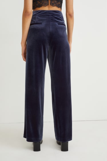 Donna - Pantaloni di velluto - vita alta - gamba ampia - blu scuro