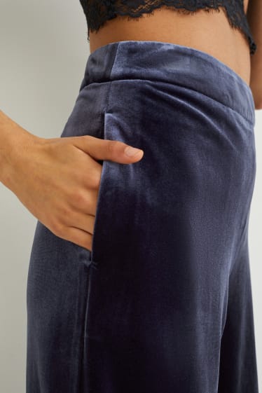 Donna - Pantaloni di velluto - vita alta - gamba ampia - blu scuro