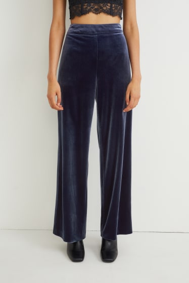 Women - Velvet trousers - high-rise waist - wide leg - dark blue