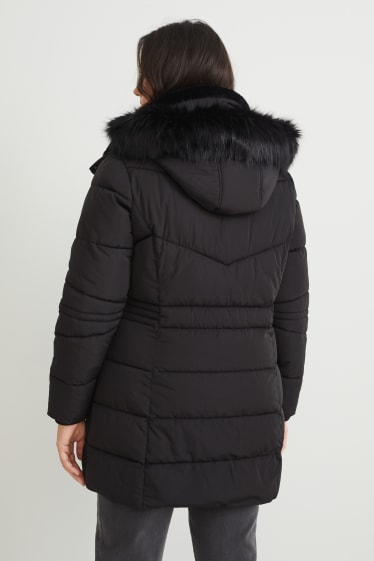 Dames - Gewatteerde jas met capuchon en rand van imitatiebont - zwart