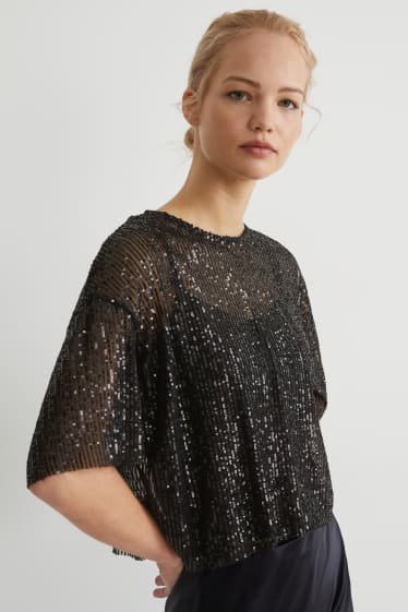 Donna - T-shirt in paillettes - effetto brillante - nero