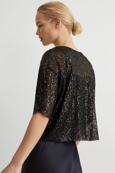 Donna - T-shirt in paillettes - effetto brillante - nero