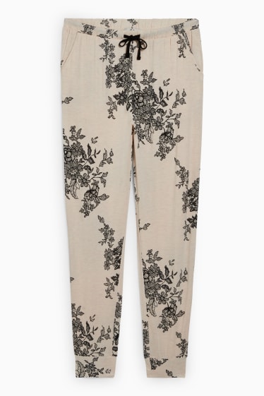 Dámské - Pyžamové kalhoty - s květinovým vzorem - béžová-žíhaná