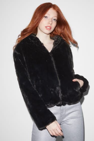 Femmes - CLOCKHOUSE - veste en imitation fourrure avec capuche - noir