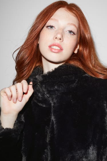 Femmes - CLOCKHOUSE - veste en imitation fourrure avec capuche - noir