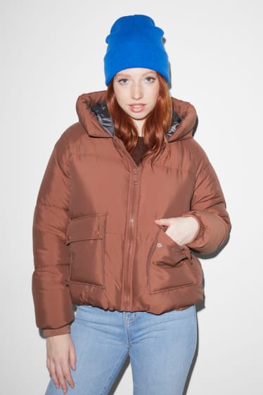 Damen - Steppjacke mit Kapuze - braun