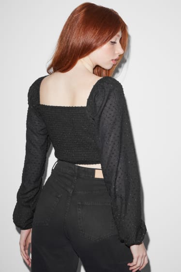 Women - Cropped blouse - polka dot - black