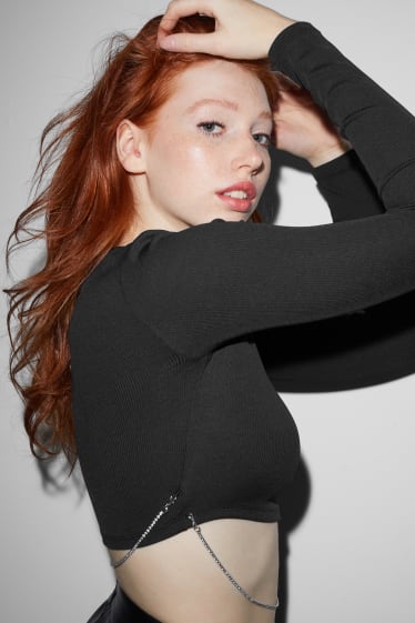 Dames - Crop longsleeve met ketting - zwart
