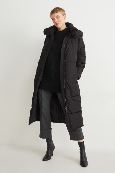 Kobiety - Płaszcz pikowany z kapturem - czarny