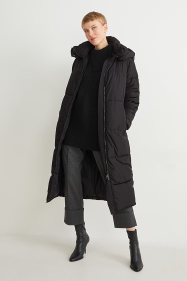 Women - Quilted coat with hood - black