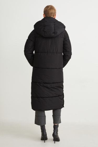 Women - Quilted coat with hood - black