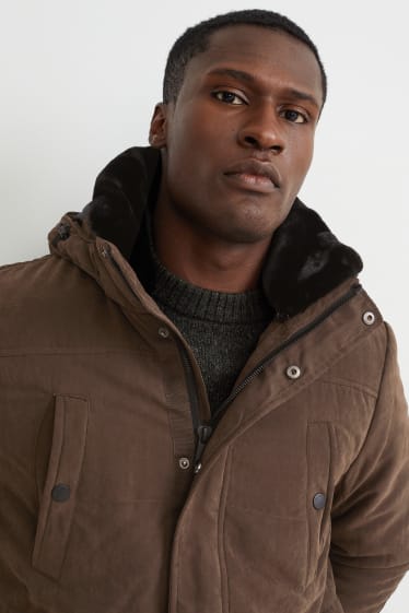 Men - Parka with hood and faux fur collar - dark brown