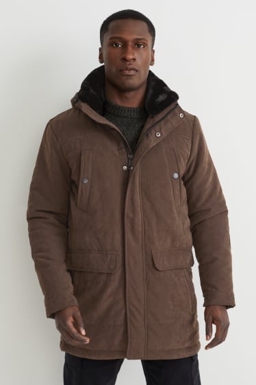 Men - Parka with hood and faux fur collar - dark brown