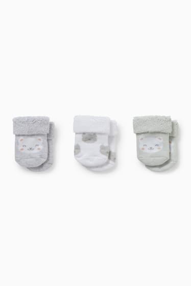 Niemowlęta - Wielopak, 3 pary - kotek - skarpety dla noworodków z motywem - na zimę - biały / szary