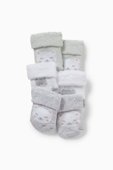 Niemowlęta - Wielopak, 3 pary - kotek - skarpety dla noworodków z motywem - na zimę - biały / szary
