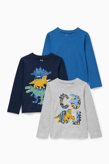 Dzieci - Wielopak, 3 szt. - dinozaur - koszulka z długim rękawem - ciemnoniebieski