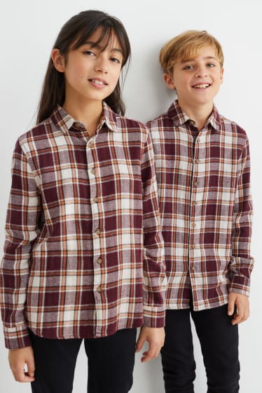 Kinderen - Flanellen overhemd - genderneutraal - geruit - beige / bordeaux