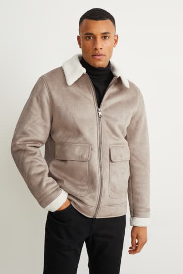 Heren - Imitatie shearling jas - imitatiesuède - taupe