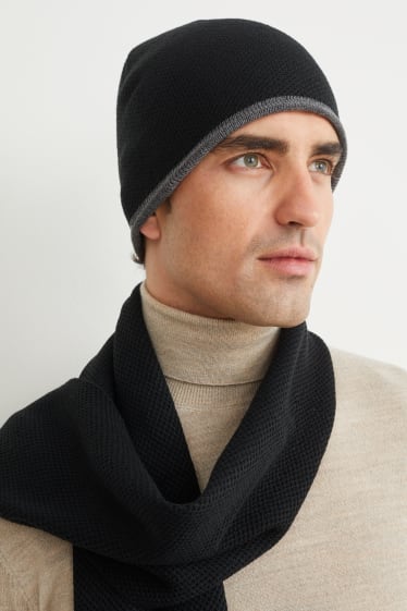 Hommes - Ensemble - bonnet et écharpe - 2 pièces - noir / gris foncé