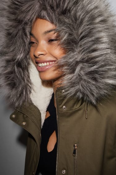 Women - CLOCKHOUSE - parka with hood and faux fur trim - winter - dark green