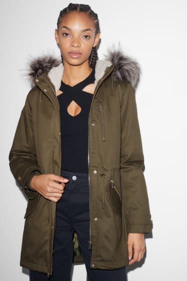Women - CLOCKHOUSE - parka with hood and faux fur trim - winter - dark green