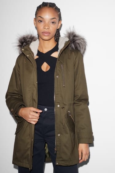 Femmes - CLOCKHOUSE - parka à capuche et garniture d'imitation fourrure - hiver - vert foncé