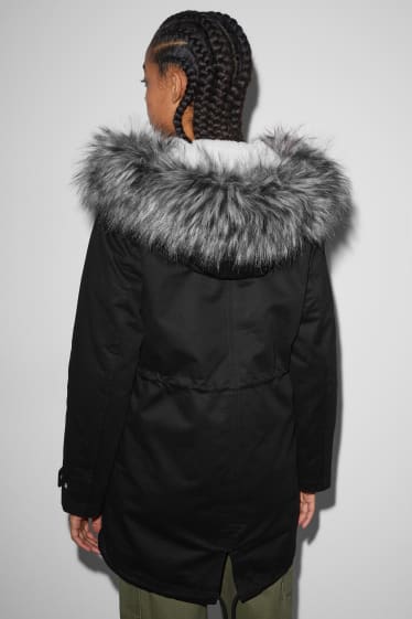 Women - CLOCKHOUSE - parka with hood and faux fur trim - winter - black