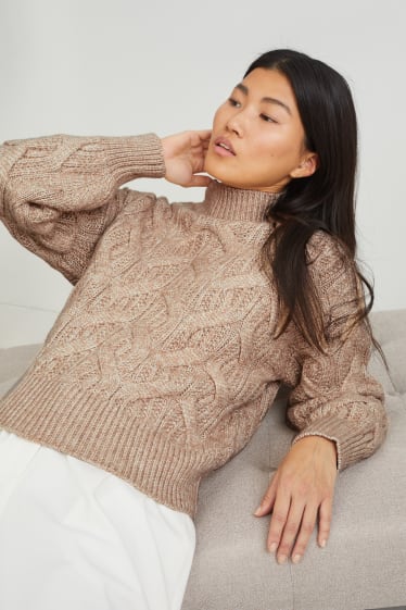 Kobiety - Sweter - wzór w warkocze - jasnobrązowy