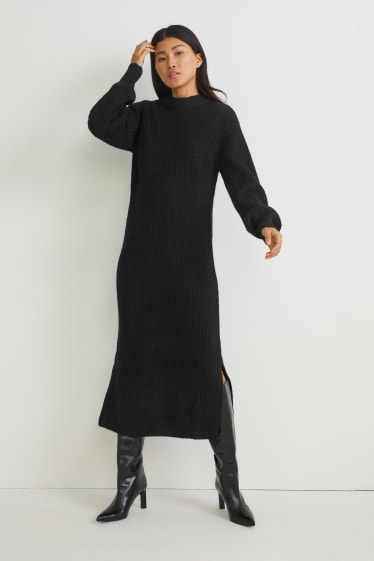 Dames - Gebreide jurk, deels met alpacawol - zwart