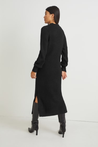 Dames - Gebreide jurk, deels met alpacawol - zwart