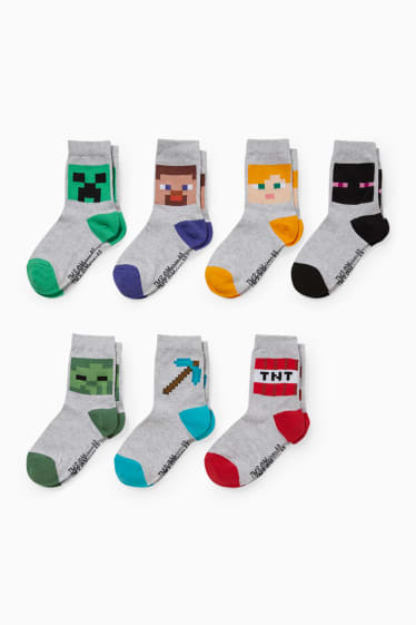 Enfants - Lot de 7 paires - Minecraft - chaussettes à motif - gris clair chiné
