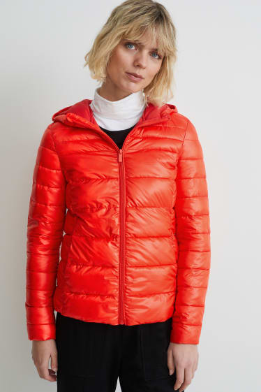 Women - Quilted jacket with hood - red