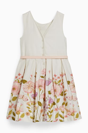 Children - Dress with belt - partywear - floral - cremewhite